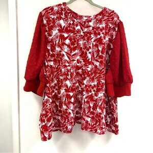 Lularoe puff sleeve blouse, red with leaves & polka dots, size 3XL